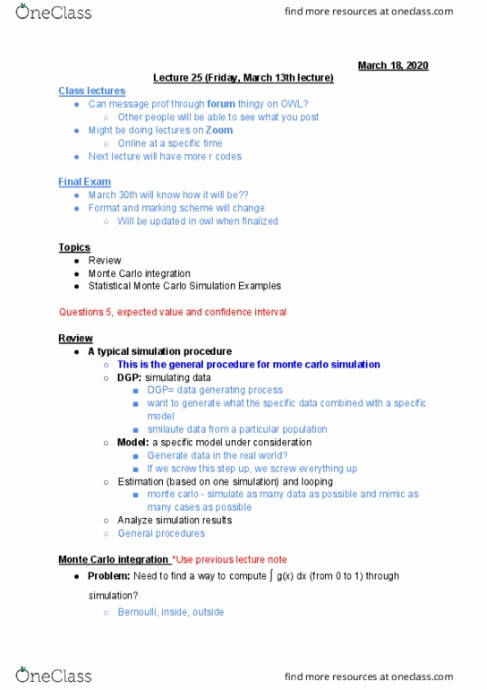 Statistical Sciences 2864A/B Lecture Notes - Lecture 25: Monte Carlo Integration, Monte Carlo Method, Data Collection thumbnail