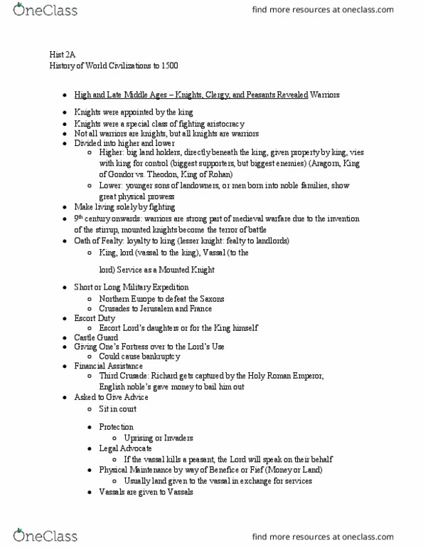 HIST 002A Lecture Notes - Lecture 7: Aragorn, Medieval Warfare, Stirrup thumbnail