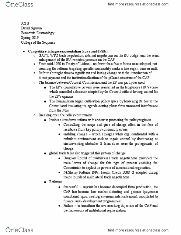 AG 003 Lecture Notes - Lecture 3: Multilateral Trade Negotiations, Uruguay Round, Budget Of The European Union thumbnail