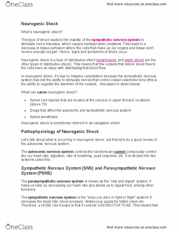 NUR 229 Lecture Notes - Lecture 1: Neurogenic Shock, Distributive Shock, Sympathetic Nervous System thumbnail