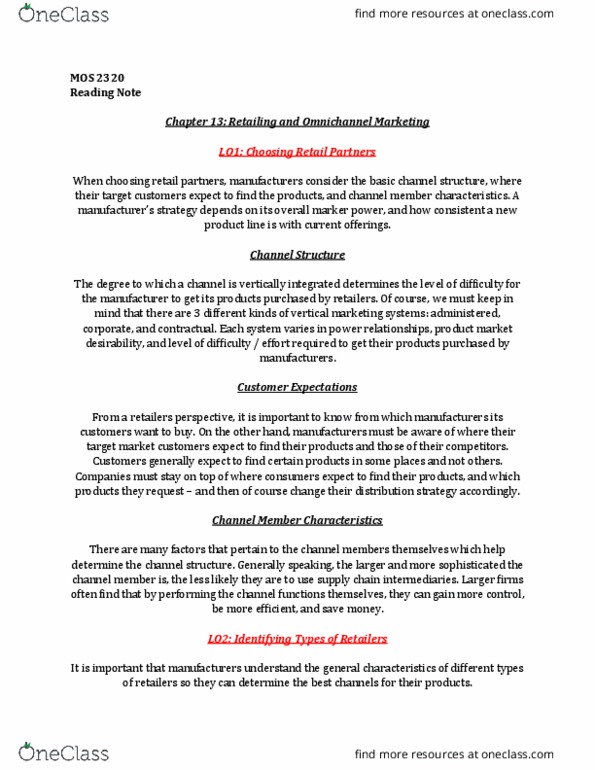 Management and Organizational Studies 2320A/B Chapter Notes - Chapter 13: Basic Channel, Liquid Oxygen, Rexall thumbnail