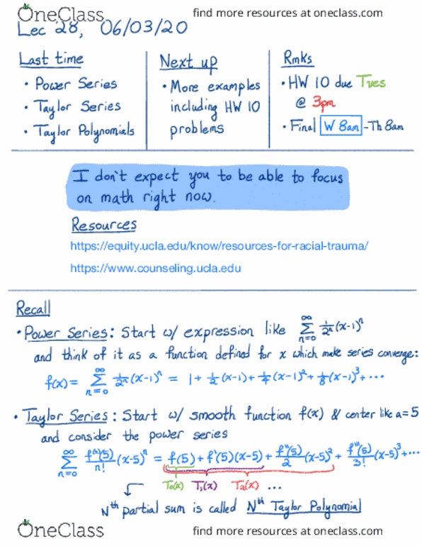 MATH 31B Lecture 28: Power Series, Taylor Polynomials and Taylor Series pt 2 thumbnail