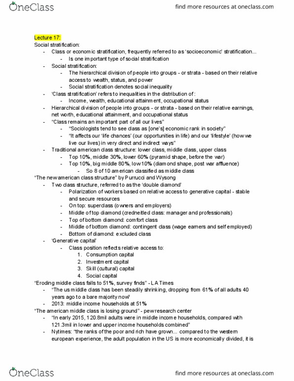 SOCIOL 1 Lecture Notes - Lecture 17: Social Class In The United States, American Middle Class, Class Stratification thumbnail