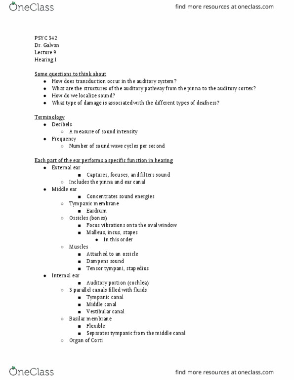 PSYC 342 Lecture Notes - Lecture 25: Tensor Tympani Muscle, Basilar Membrane, Oval Window thumbnail