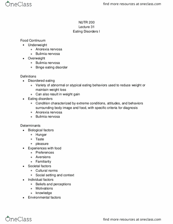 NUTR 200 Lecture Notes - Lecture 31: Bulimia Nervosa, Anorexia Nervosa, Binge Eating Disorder thumbnail