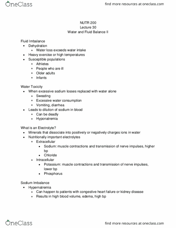 NUTR 200 Lecture Notes - Lecture 30: Hypernatremia, Hyponatremia, Electrolyte thumbnail