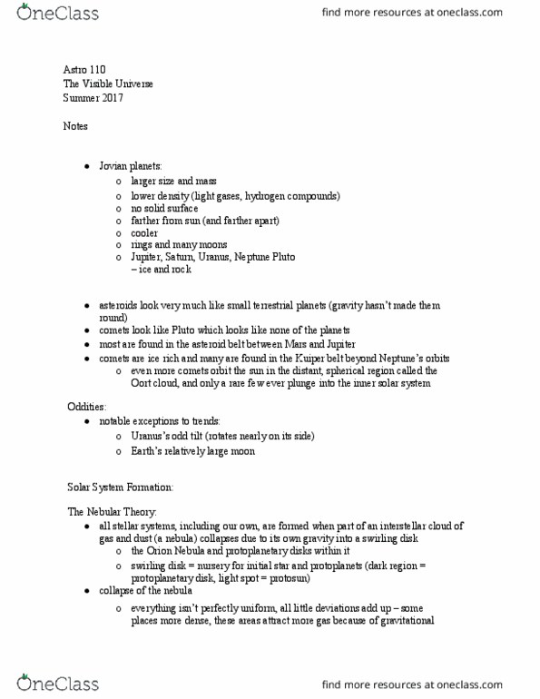 ASTRO-110 Lecture Notes - Lecture 11: Protoplanetary Disk, Orion Nebula, Kuiper Belt thumbnail