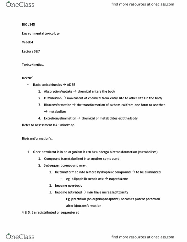 BIOL354 Lecture Notes - Lecture 6: Paraoxon, Toxicokinetics, Biotransformation thumbnail
