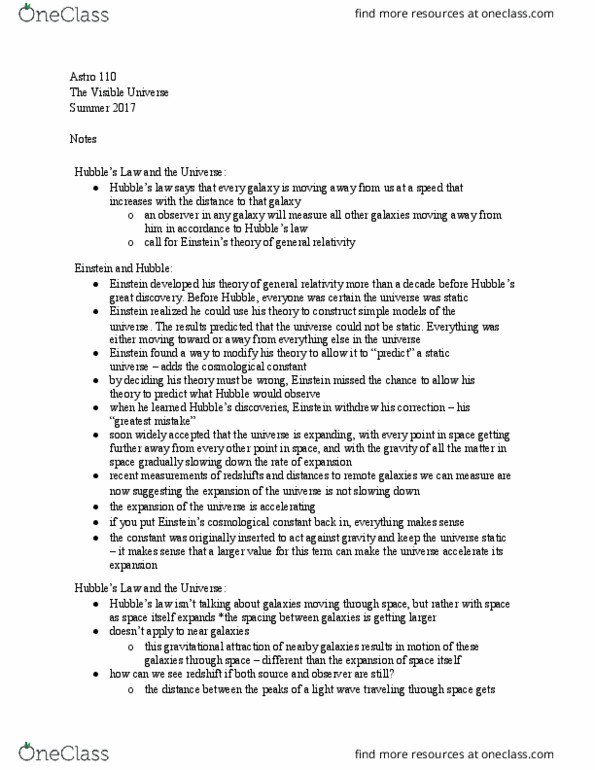 ASTRO-110 Chapter Notes - Chapter 7: Cosmological Constant, Static Universe, Recessional Velocity thumbnail