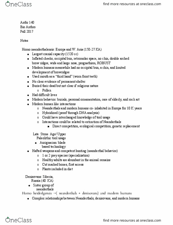 ANTHR-140 Lecture Notes - Lecture 18: Neanderthal, Denisovan, Aurignacian thumbnail