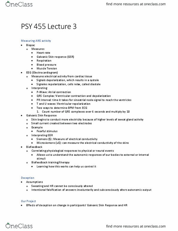 PSY 455 Lecture Notes - Lecture 3: Sinoatrial Node, Qrs Complex, Sweat Gland thumbnail