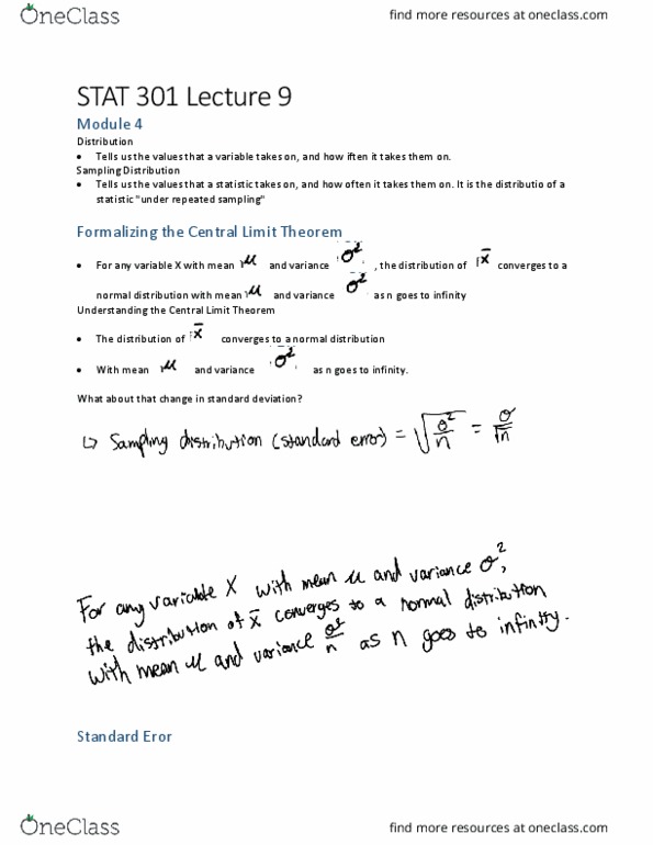 STAT 301 Lecture Notes - Lecture 9: Central Limit Theorem, Statistic, Standard Deviation thumbnail