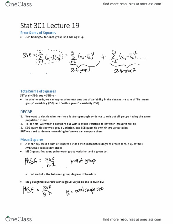 STAT 301 Lecture Notes - Lecture 19: Squared Deviations From The Mean, F-Distribution thumbnail