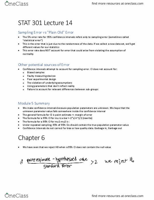 STAT 301 Lecture Notes - Lecture 14: Confidence Interval, Errors And Residuals, Statistical Parameter thumbnail