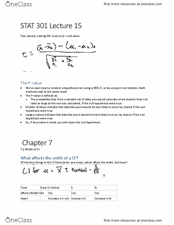 STAT 301 Lecture Notes - Lecture 15: Null Hypothesis, Test Statistic, Statistical Hypothesis Testing thumbnail