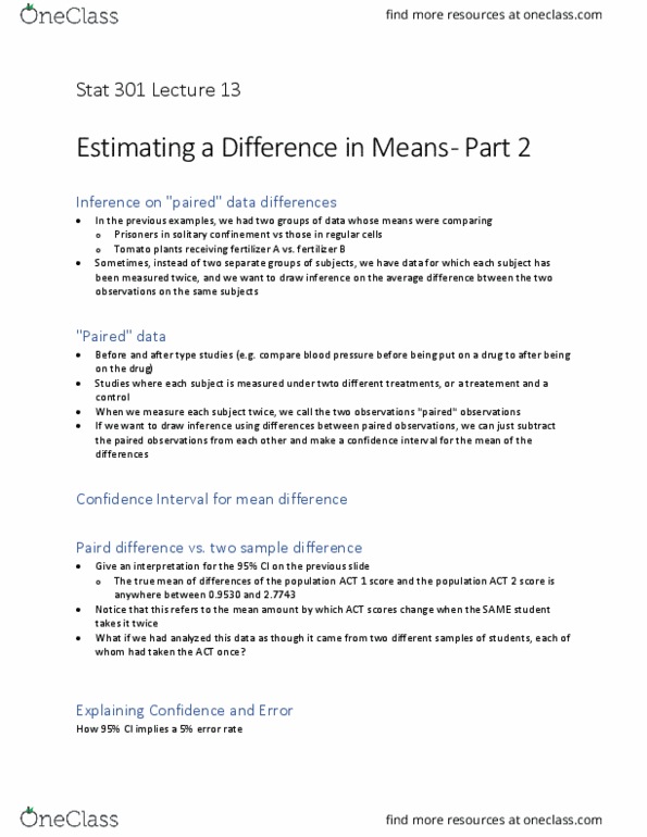STAT 301 Lecture Notes - Lecture 13: Confidence Interval, Solitary Confinement, Central Limit Theorem thumbnail