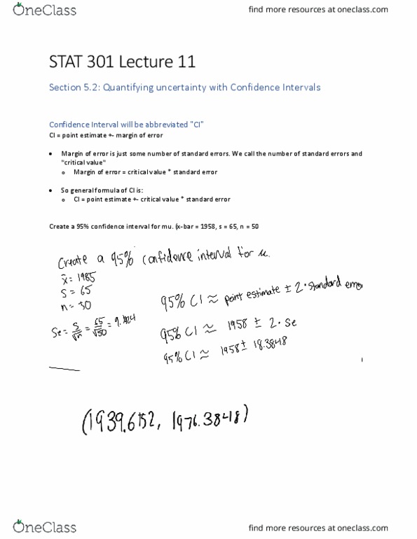 STAT 301 Lecture Notes - Lecture 11: Confidence Interval, Point Estimation thumbnail