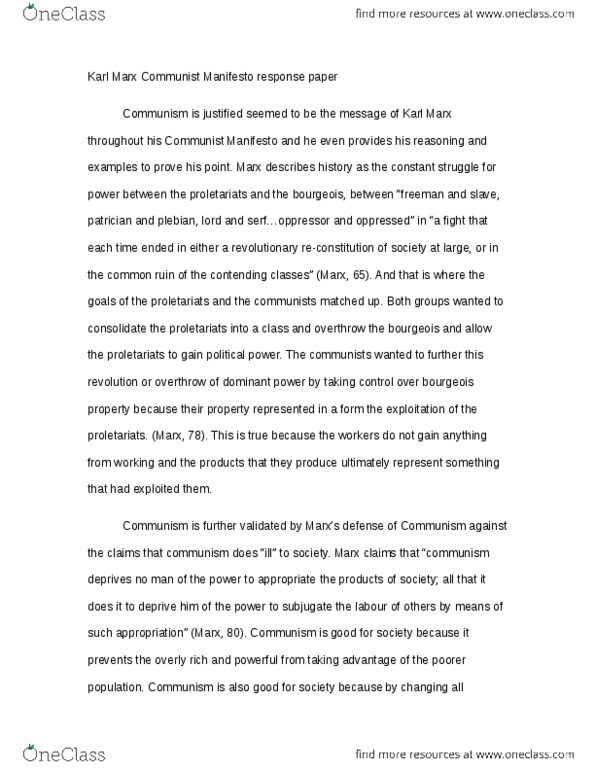 HIST-UA 105 Lecture Notes - The Communist Manifesto, Plebs, Utopia thumbnail