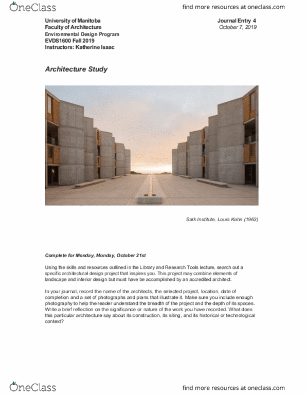 EVDS 1600 Lecture Notes - Lecture 8: Louis Kahn, Salk Institute For Biological Studies thumbnail