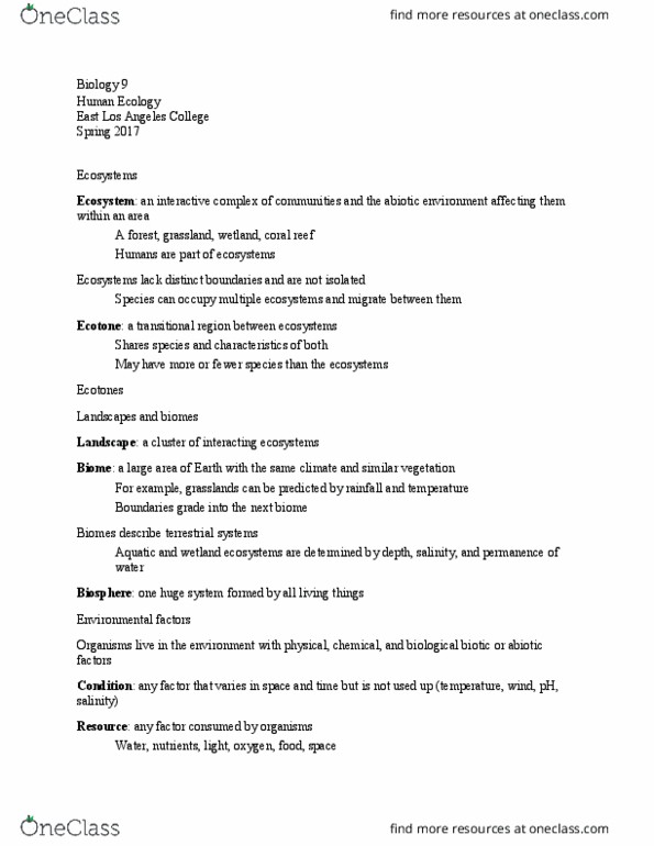 BIOLOGY 9 Lecture Notes - Lecture 2: East Los Angeles College, Ecotone, Biome thumbnail