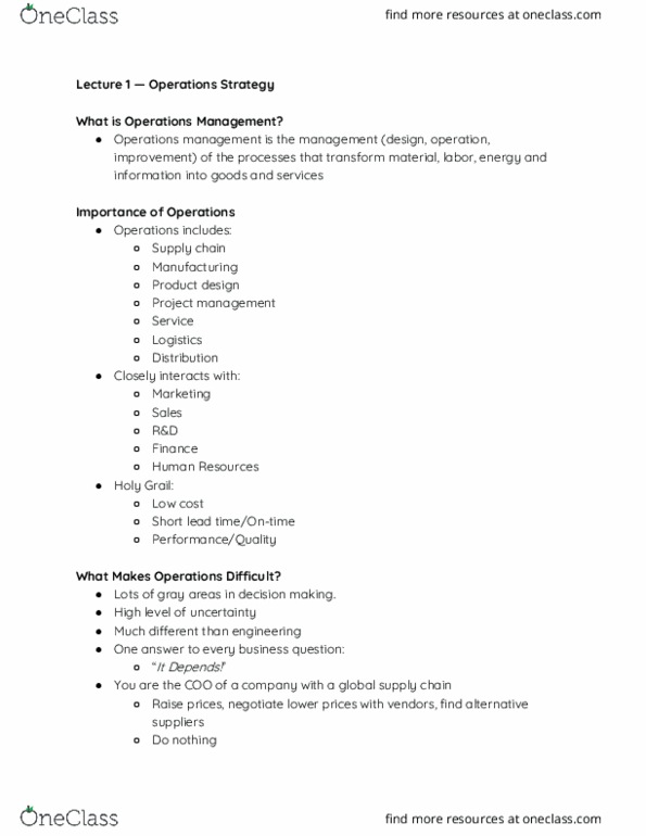 MGT 3501 Lecture Notes - Lecture 1: Operations Management, Product Design, Project Management thumbnail