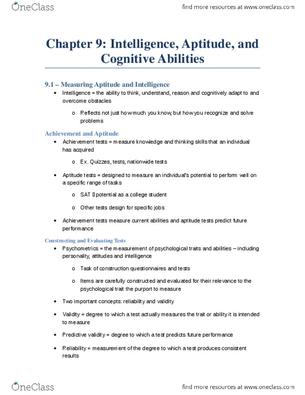 PSYA01H3 Chapter Notes - Chapter 9: Verbal Fluency Test, Percentile Rank, Psychometrics thumbnail