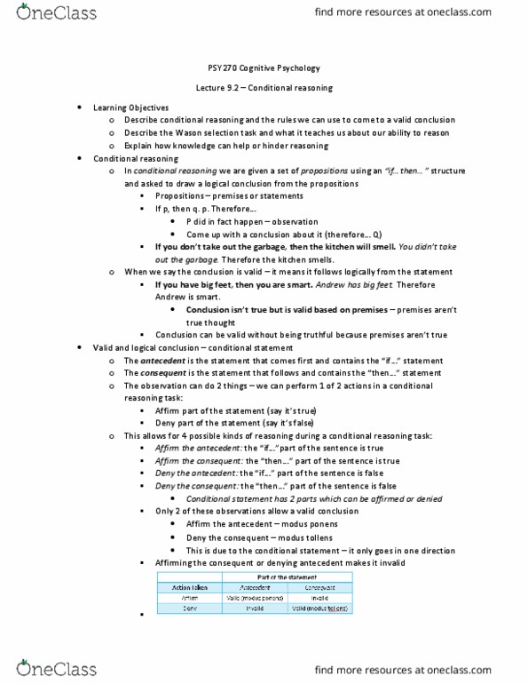 PSY270H5 Lecture Notes - Lecture 9: Wason Selection Task, Modus Tollens, Modus Ponens thumbnail