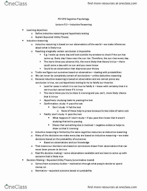 PSY270H5 Lecture Notes - Lecture 9: Inductive Reasoning, Utility, Deductive Reasoning thumbnail