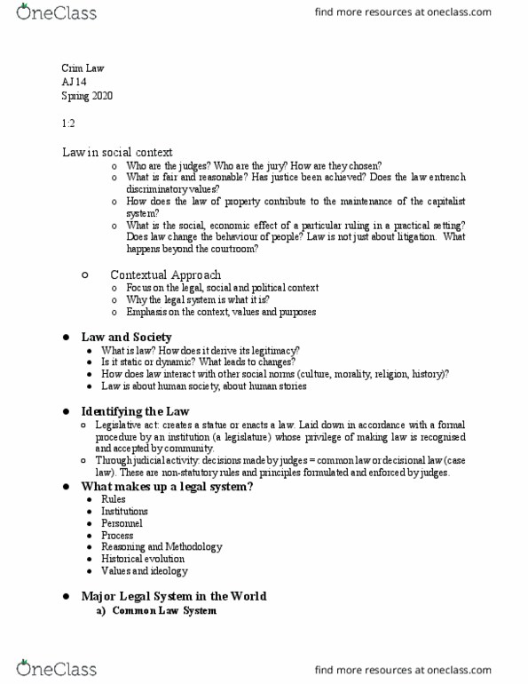 AJ 014 Lecture Notes - Lecture 2: Procedural Justice, Inductive Reasoning, Precedent thumbnail