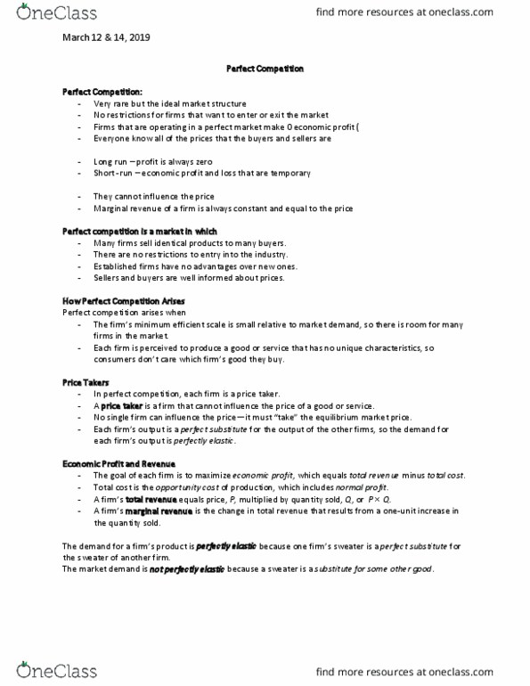 ECON101 Lecture Notes - Lecture 10: Perfect Competition, Market Power, Marginal Revenue thumbnail