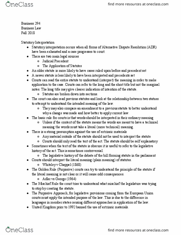 BUS-294 Lecture Notes - Lecture 9: Alternative Dispute Resolution, Golden Rule, Statutory Interpretation thumbnail