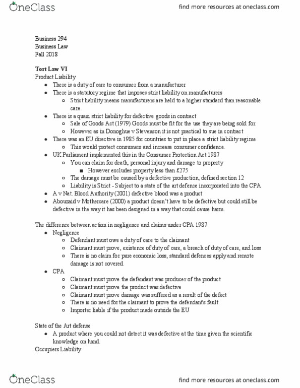 BUS-294 Lecture Notes - Lecture 19: Mothercare, Consumer Protection Act 1987 thumbnail