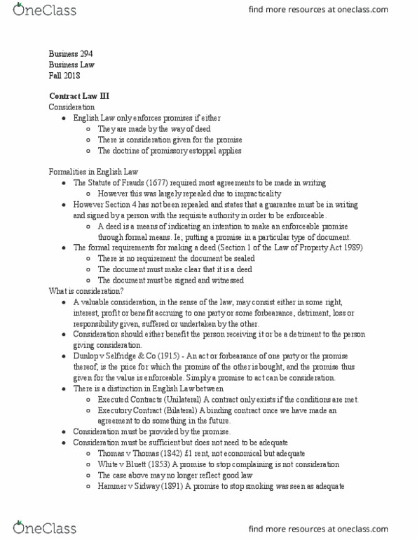 BUS-294 Lecture Notes - Lecture 23: Estoppel, Selfridges, Consideration thumbnail