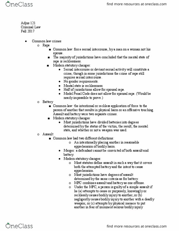 ADJUS-121 Lecture Notes - Lecture 20: Model Penal Code, Marital Rape, Sexual Intercourse thumbnail