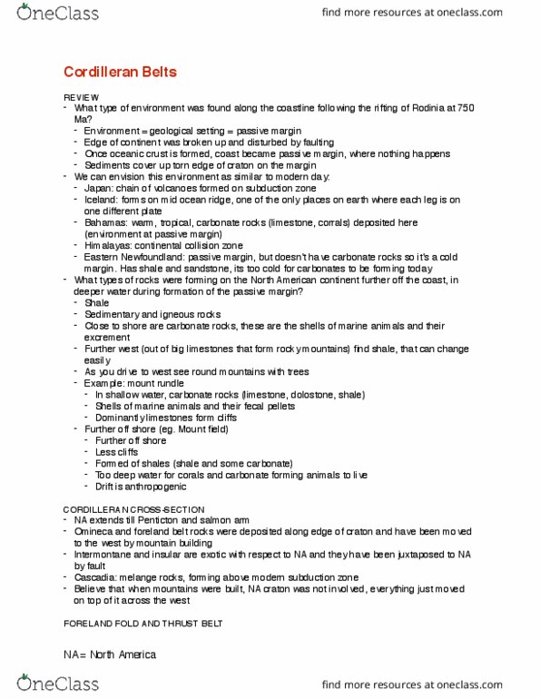 GLGY 301 Lecture Notes - Lecture 2: Intermontane Belt, Mount Rundle, Insular Belt thumbnail