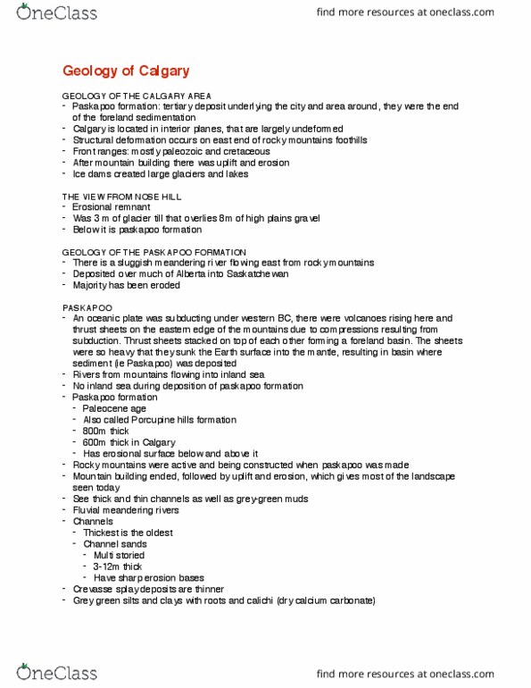 GLGY 301 Lecture Notes - Lecture 16: Paskapoo Formation, Crevasse Splay, Erosion Surface thumbnail