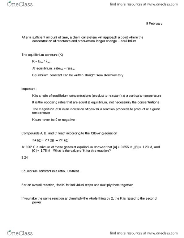 CHEM 113 Lecture Notes - Equilibrium Constant, Reaction Rate Constant, Stoichiometry thumbnail