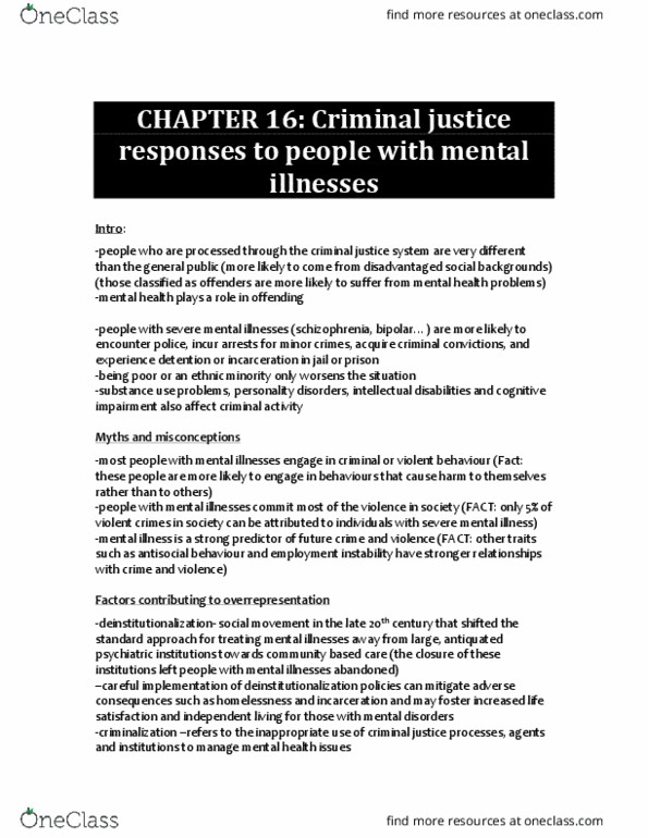 CRI210H1 Chapter Notes - Chapter 16: Deinstitutionalisation, Mental Disorder, Intellectual Disability thumbnail