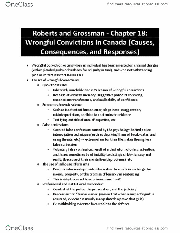 CRI210H1 Chapter Notes - Chapter 18: Miscarriage Of Justice, Forensic Science, Extraordinary Measures thumbnail