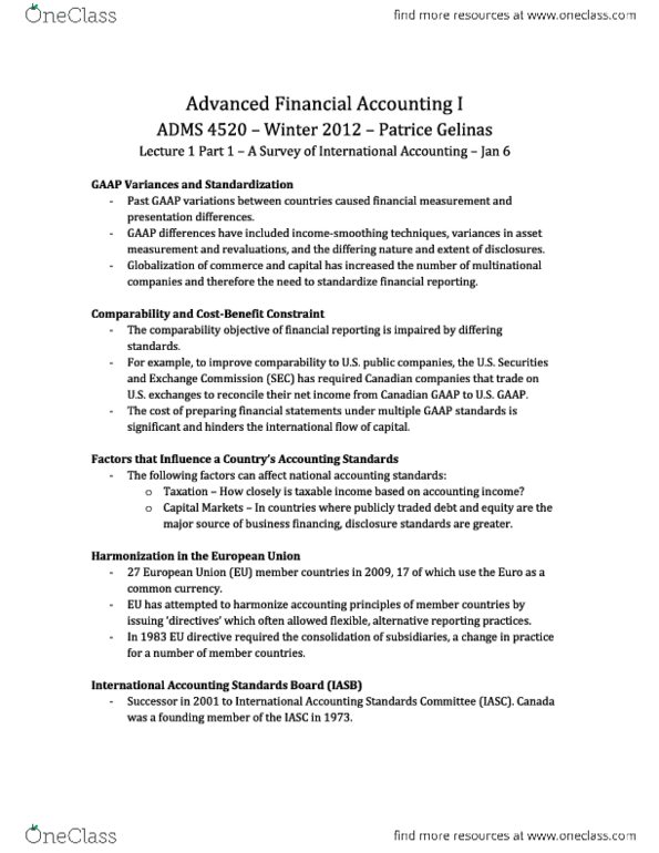 ADMS 4520 Lecture Notes - Lecture 1: International Accounting Standards Board, Dards, Financial Statement thumbnail