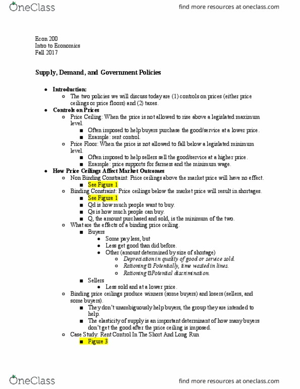 ECON-200 Chapter Notes - Chapter 6: Price Ceiling, Price Floor, Price Controls thumbnail