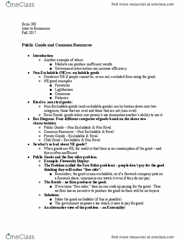 ECON-200 Chapter Notes - Chapter 11: Free Rider Problem, Externality, Market Failure thumbnail