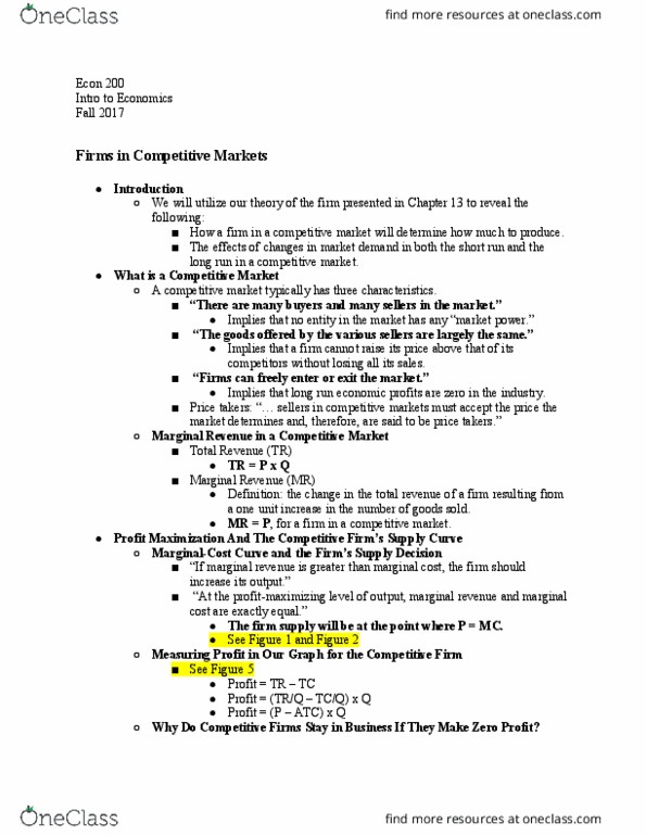 ECON-200 Chapter Notes - Chapter 14: Marginal Revenue, Marginal Cost, Takers thumbnail
