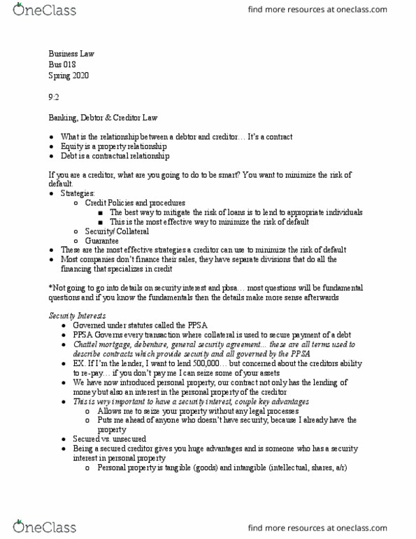 BUS 018 Lecture Notes - Lecture 18: Unsecured Creditor, Chattel Mortgage, Secured Creditor thumbnail