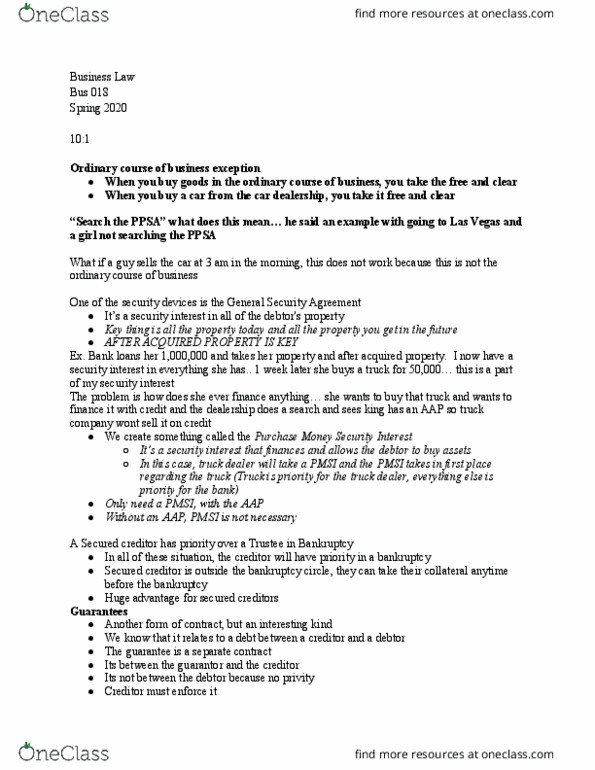BUS 018 Lecture Notes - Lecture 19: Secured Creditor, Security Interest, Current Liability thumbnail