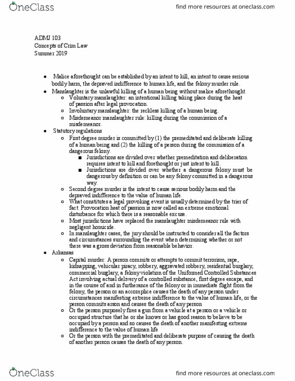ADMJ 103 Lecture Notes - Lecture 3: Malice Aforethought, Controlled Substances Act, Murder thumbnail