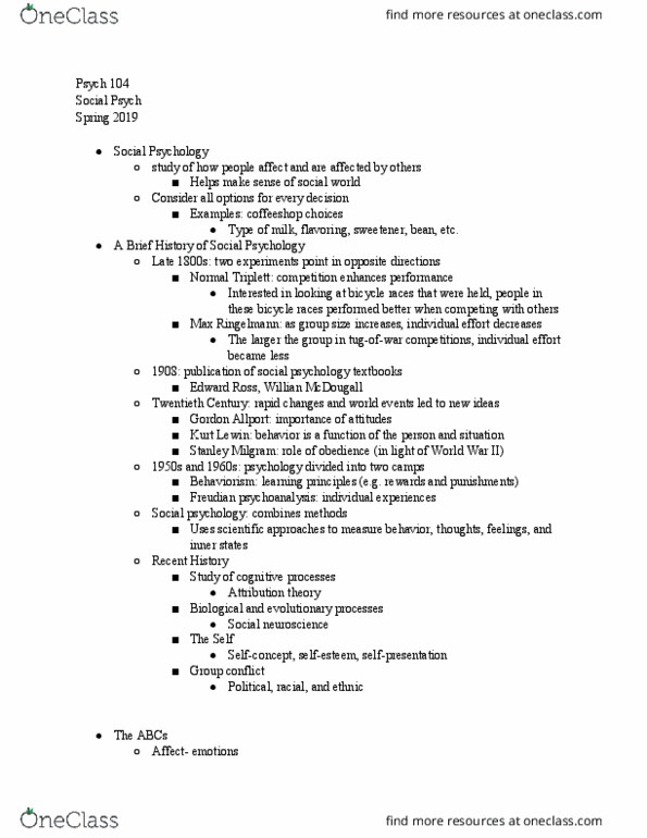 PSYCH 104 Lecture Notes - Lecture 1: Gordon Allport, Social Neuroscience, Stanley Milgram thumbnail