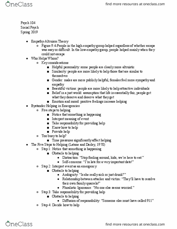 PSYCH 104 Lecture Notes - Lecture 22: Psych, Ingroups And Outgroups, Normative Social Influence thumbnail