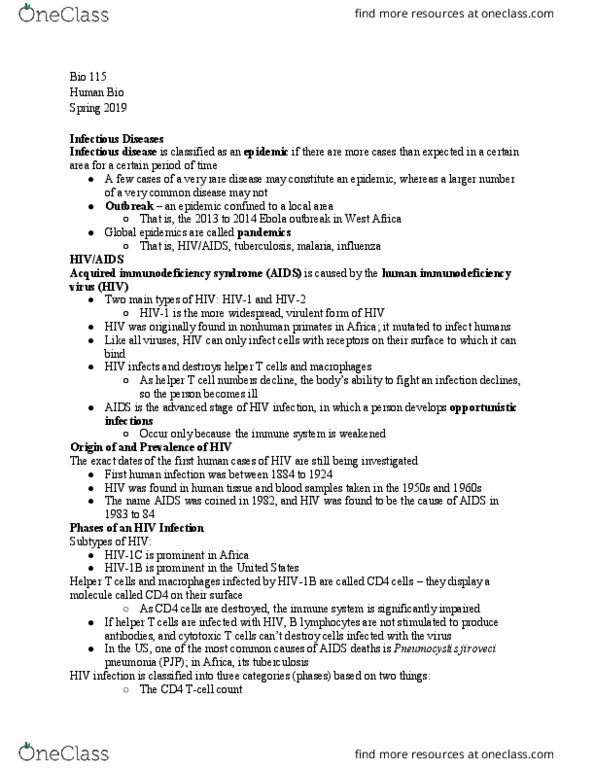 BIOL 115 Lecture Notes - Lecture 25: Pneumocystis Pneumonia, Hiv, West African Ebola Virus Epidemic thumbnail