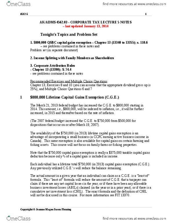 ADMS 4562 Lecture Notes - Lecture 5: Dividend Tax, Income Splitting, Share Capital thumbnail